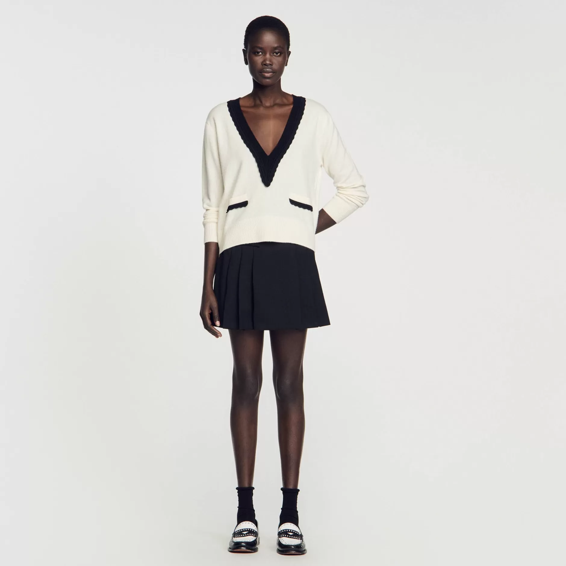 Cheap Sandro Pull Col V Bicolore En Laine Ecru
